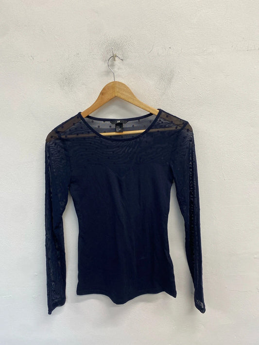 Lovely h&m navy mesh sleeve spotted top UK xs MM005