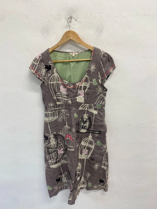 Lovely white stuff grey green bird linen dress UK 10 MM005