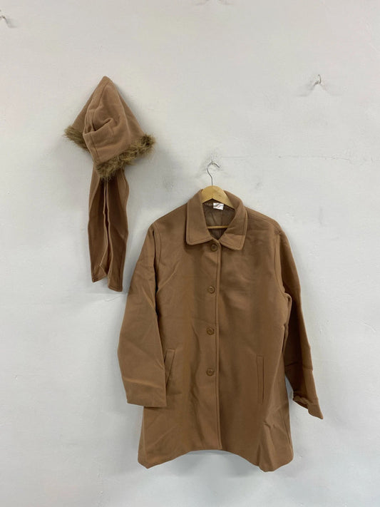 Neuville Stylish Tan Overcoat & Faux Fur Hood UK 14-16 JW002