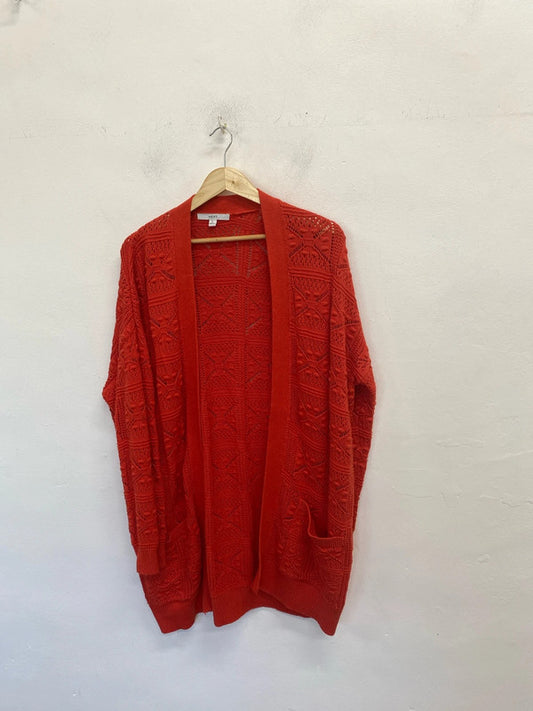 Fabulous Tangerine Red crochet knit cardigan UkL 14-16 super soft LG004