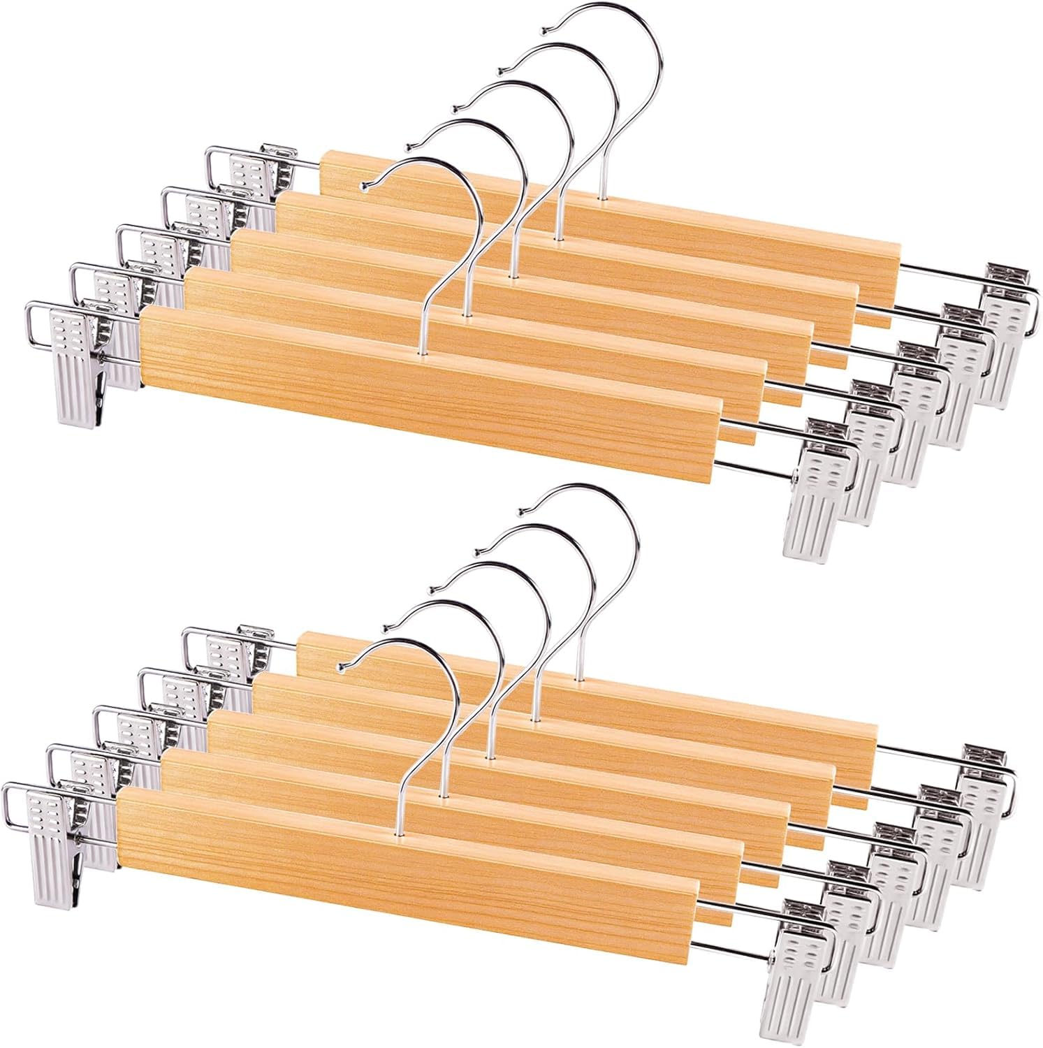 34cm Wooden Trouser Hangers with Clips, 10Pack Heavy Duty Wood Skirt Hangers, Space Saving Clothes Hangers for Shorts,Pants,Trousers,Anti-Slip (10)