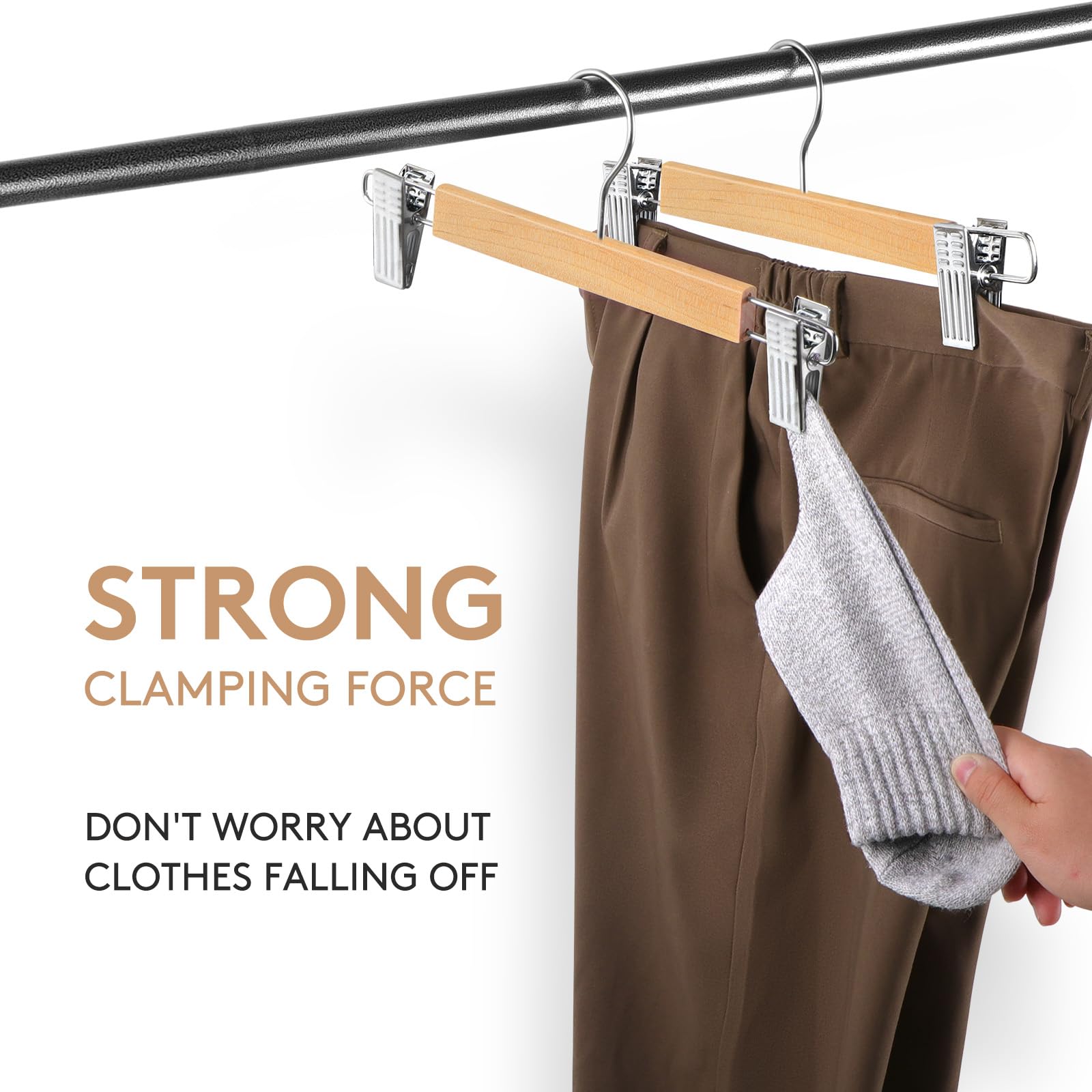 34cm Wooden Trouser Hangers with Clips, 10Pack Heavy Duty Wood Skirt Hangers, Space Saving Clothes Hangers for Shorts,Pants,Trousers,Anti-Slip (10)
