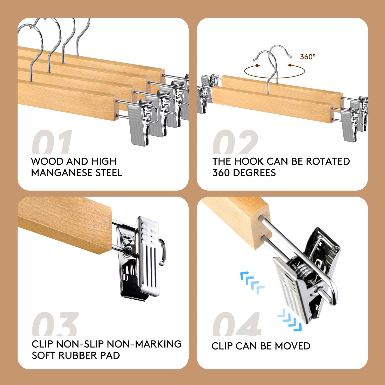 34cm Wooden Trouser Hangers with Clips, 10Pack Heavy Duty Wood Skirt Hangers, Space Saving Clothes Hangers for Shorts,Pants,Trousers,Anti-Slip (10)