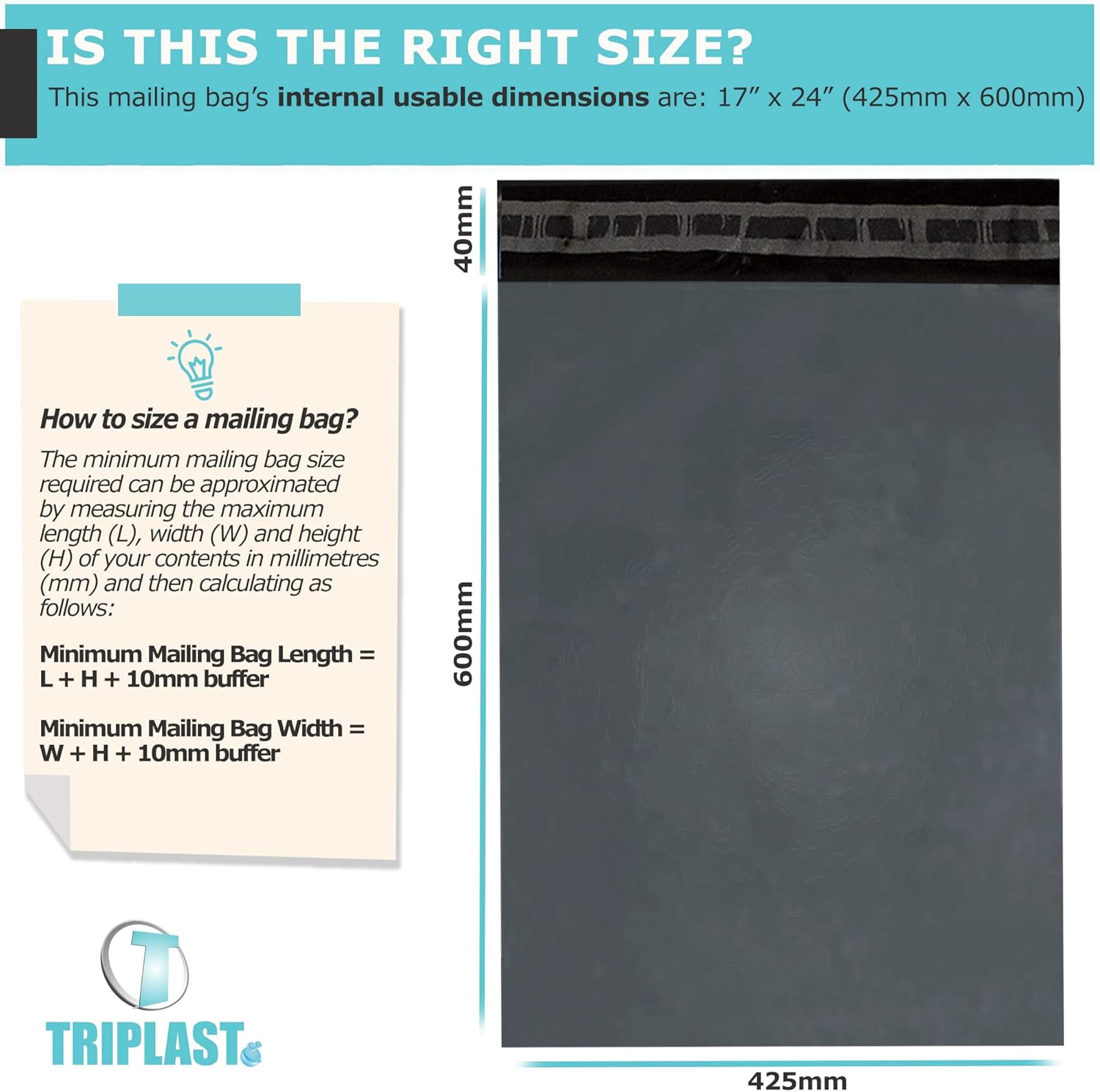 Triplast 12 x 16-Inch Plastic Mailing Postal Bag - Grey (Pack of 100)