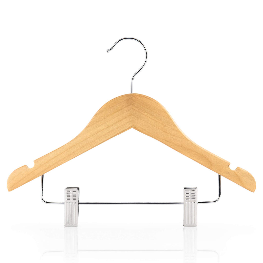 HANGERWORLD 12 Natural Wooden 30cm Childrens Baby Toddler Clothes Coat Hangers with Trouser Skirt Clips