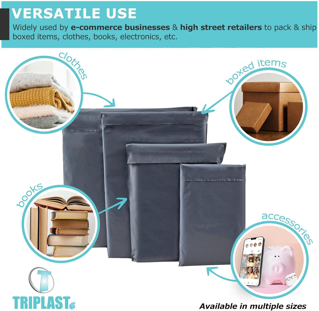 Triplast Mixed Pack of 100 x Grey Mailing Bags (4 Sizes, 25 Each) | Self Sealable Plastic Postal Bags for Posting Clothes, Books, & Boxes