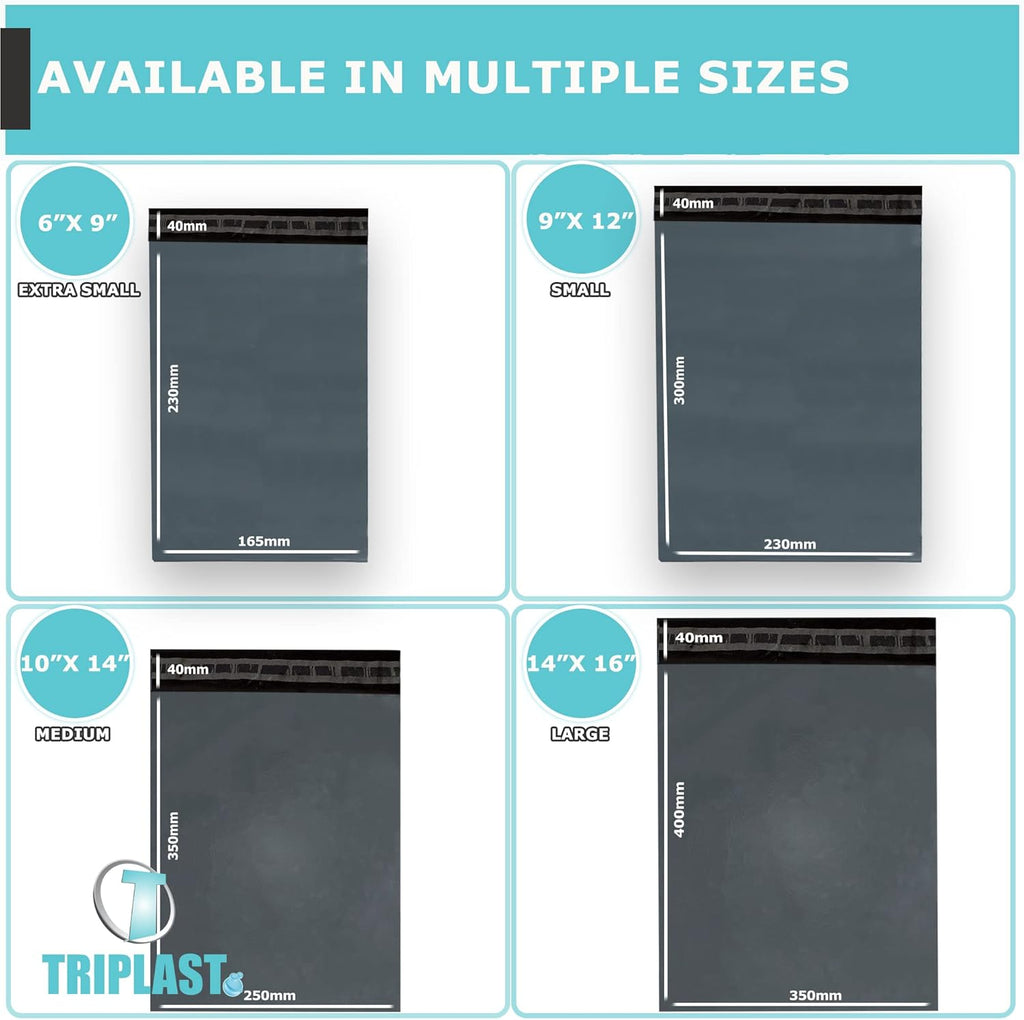 Triplast Mixed Pack of 100 x Grey Mailing Bags (4 Sizes, 25 Each) | Self Sealable Plastic Postal Bags for Posting Clothes, Books, & Boxes