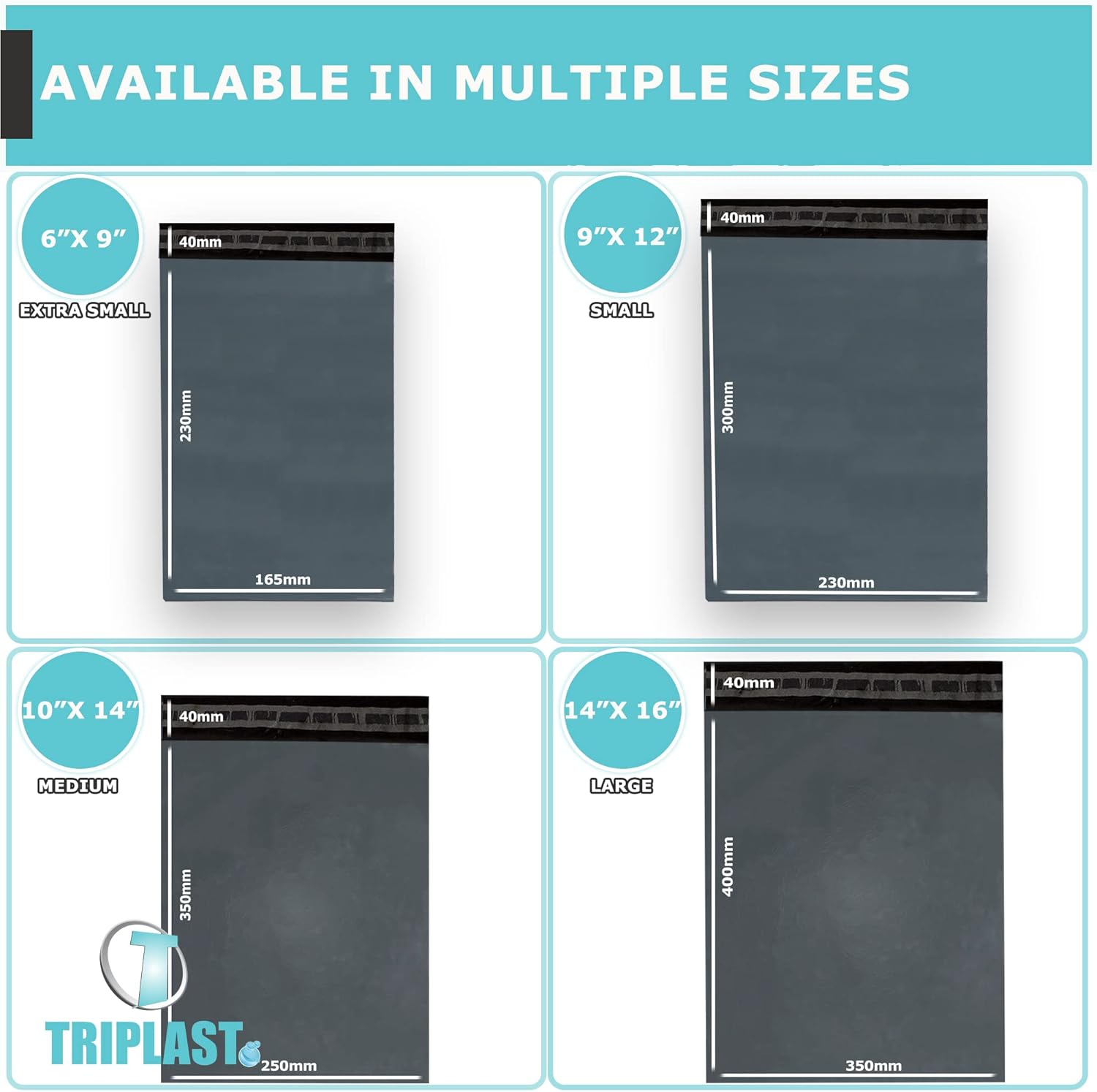 Triplast Mixed Pack of 100 x Grey Mailing Bags (4 Sizes, 25 Each) | Self Sealable Plastic Postal Bags for Posting Clothes, Books, & Boxes