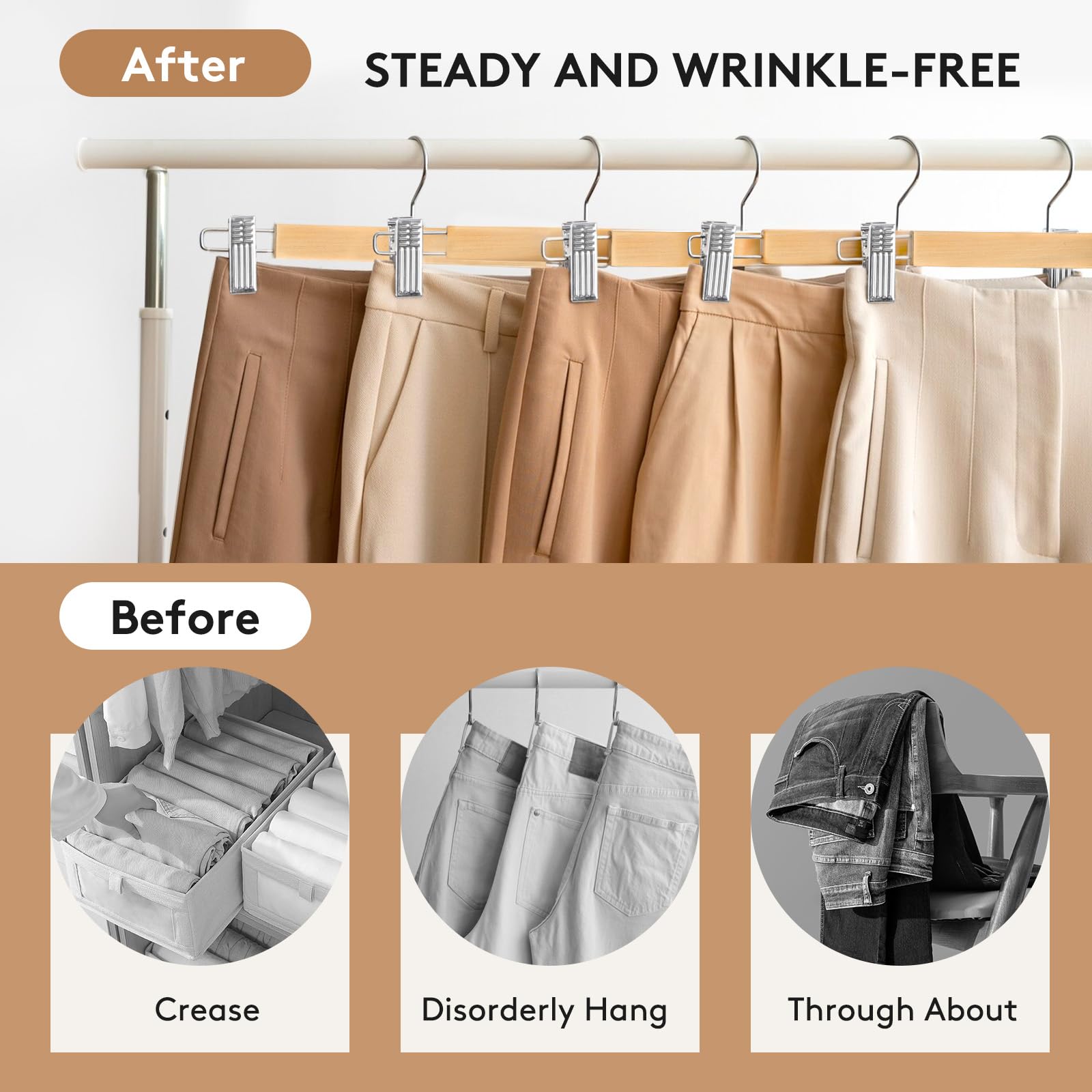 34cm Wooden Trouser Hangers with Clips, 10Pack Heavy Duty Wood Skirt Hangers, Space Saving Clothes Hangers for Shorts,Pants,Trousers,Anti-Slip (10)