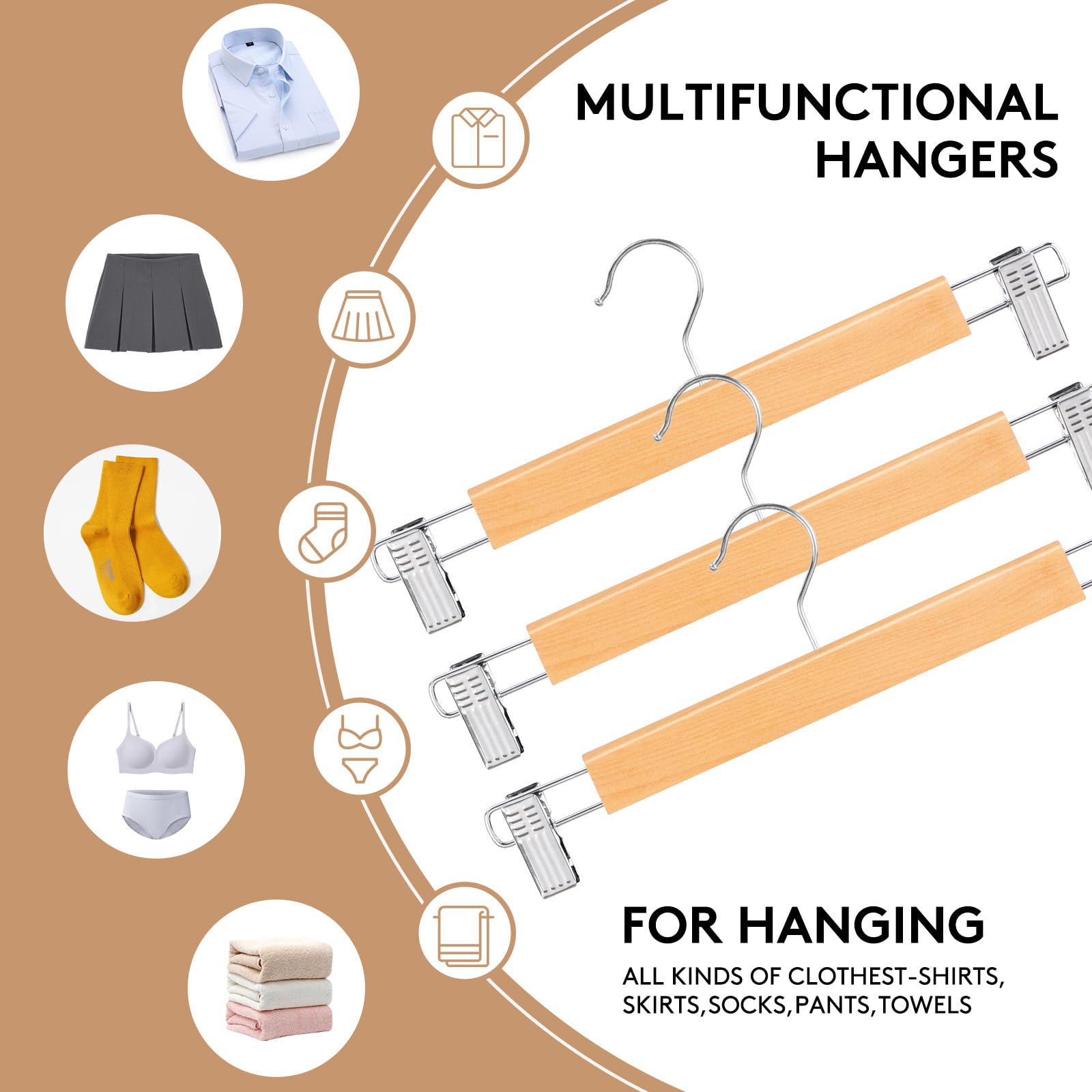 34cm Wooden Trouser Hangers with Clips, 10Pack Heavy Duty Wood Skirt Hangers, Space Saving Clothes Hangers for Shorts,Pants,Trousers,Anti-Slip (10)