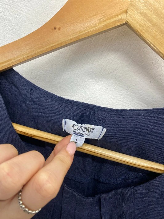 Lovely rosemarine navy broderie linen dress UK L MM005