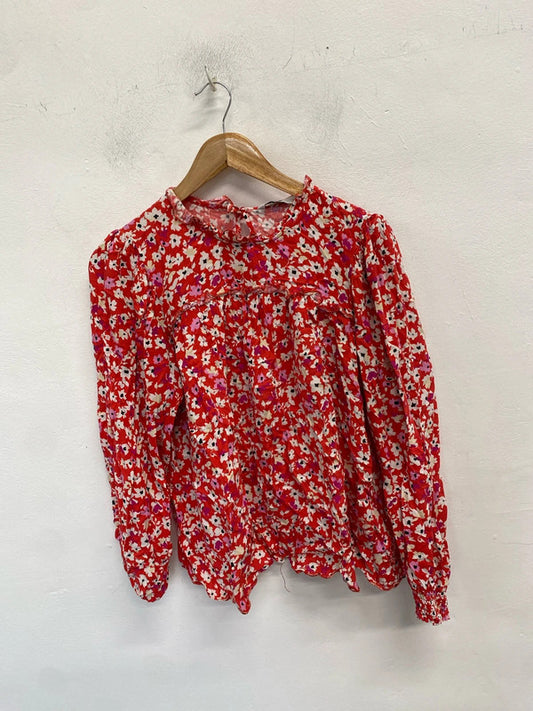 Lovely very red floral frill blouse UK M NN001
