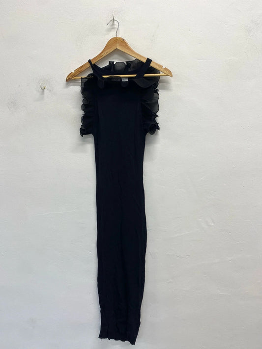 Stunning Zara black ribbed frill neck sleeve dress UK M KS002
