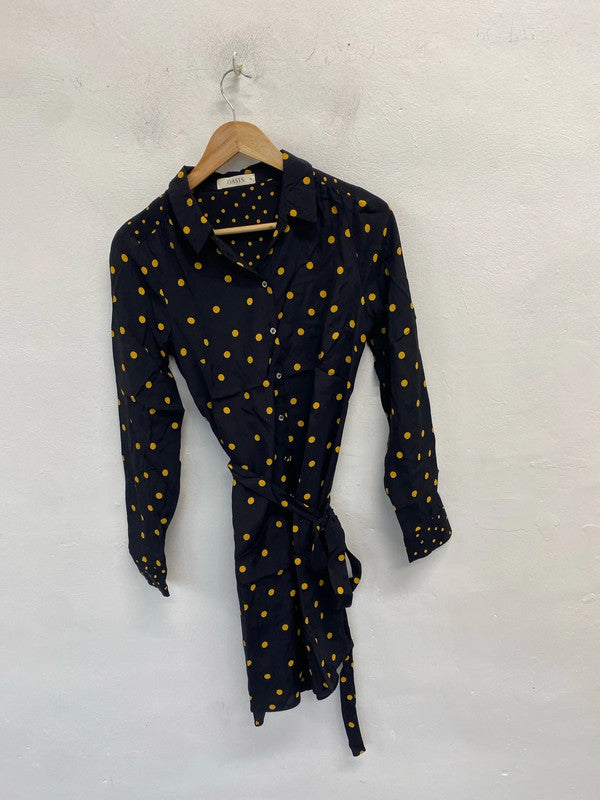 Lovely oasis black yellow spotted belted tie shirt dress UK 10 AG006