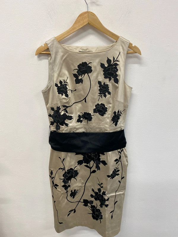Coast Gorgeous Cream & Black Floral Embroidered Satin Belted Dress UK 14 AW002