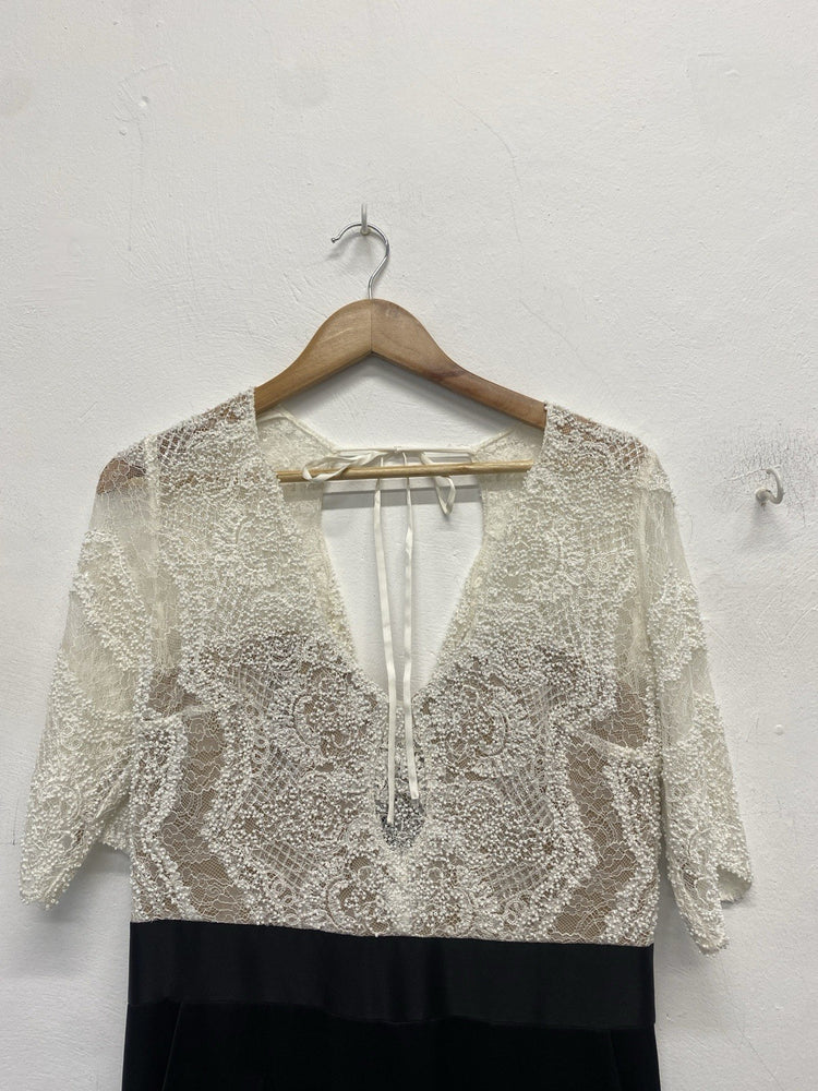 Catherine Deane Oyster Lace Beaded Top  & black Trouser Jumpsuit Uk16 BNWT JR004