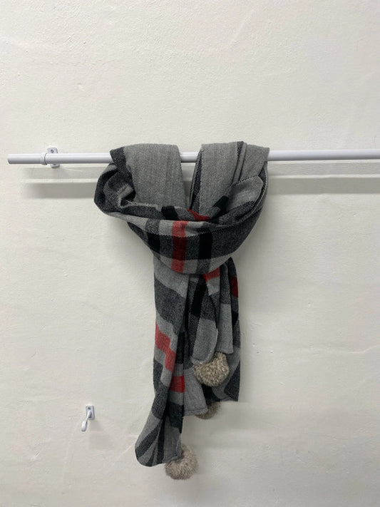 Cute cosy scarf faux fur Pom poms grey check LC