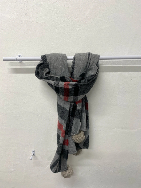 Cute cosy scarf faux fur Pom poms grey check LC
