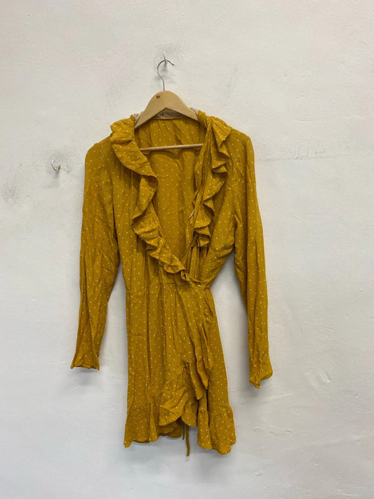 Lovely nobody’s child mustard white spotted frill wrap dress UK 16 LG006