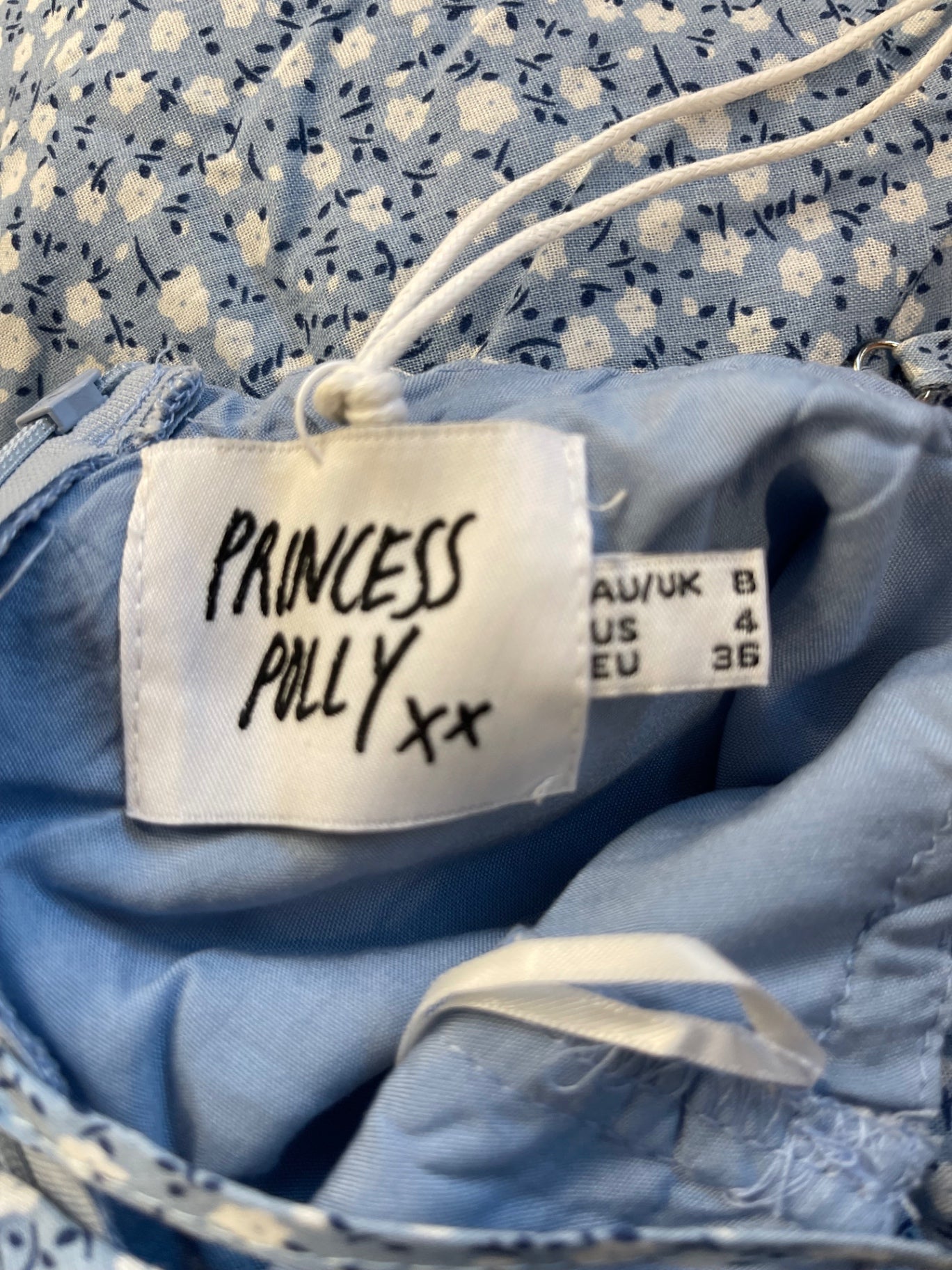 Fabulous Princess Polly Elvia Dress Y2K ditsy UK8 Blue & white SA514