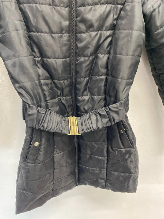 Lovely Vero Moda black puffer belted hooded faux fur midi jacket UK S JH001