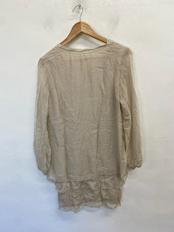 Lovely made in Italy bone white silk button neck frill bottom dress UK L AE001