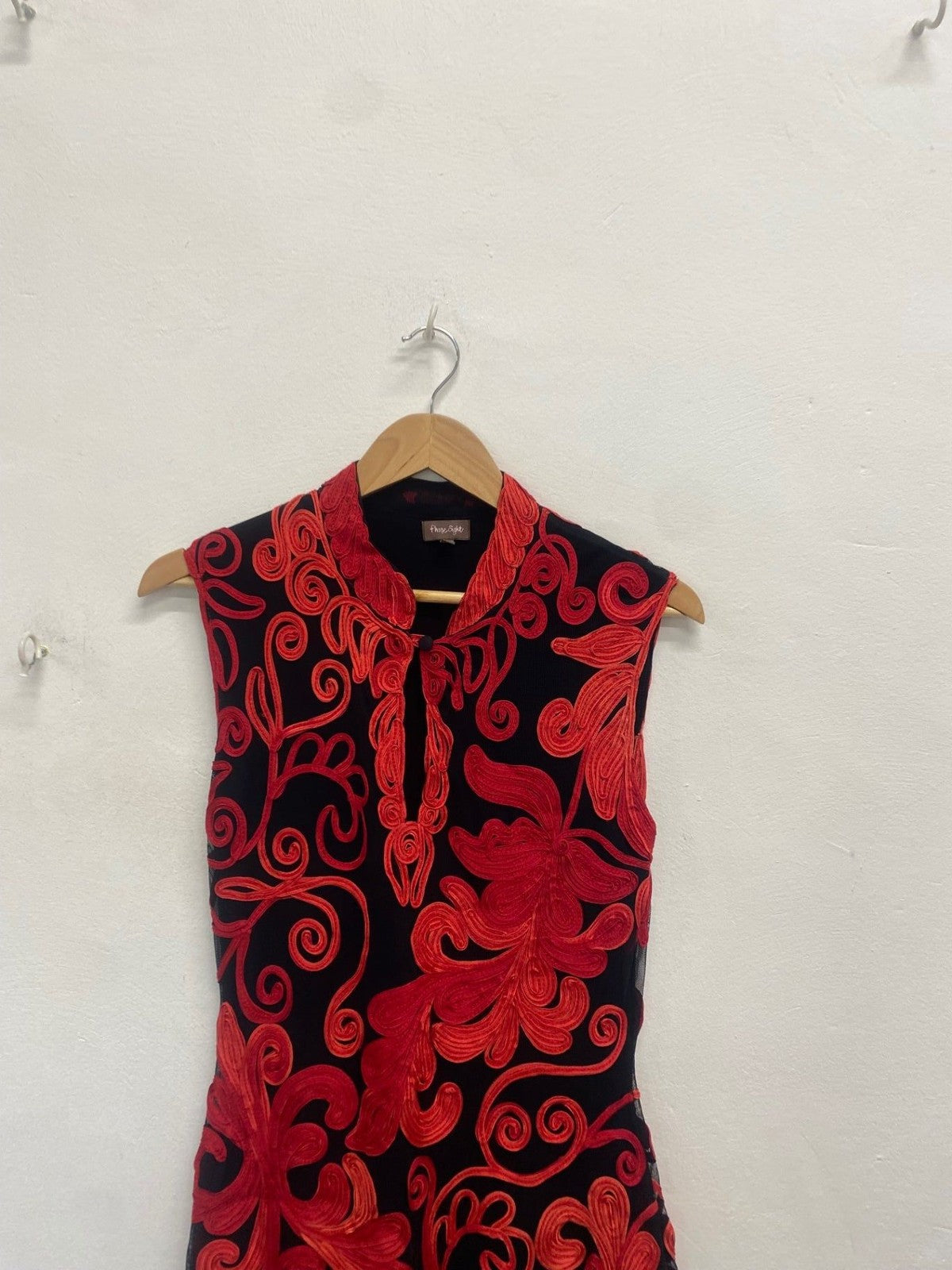 Stunning Phase Eight mandarin collar Midi Dress UK 14 Black red FM547