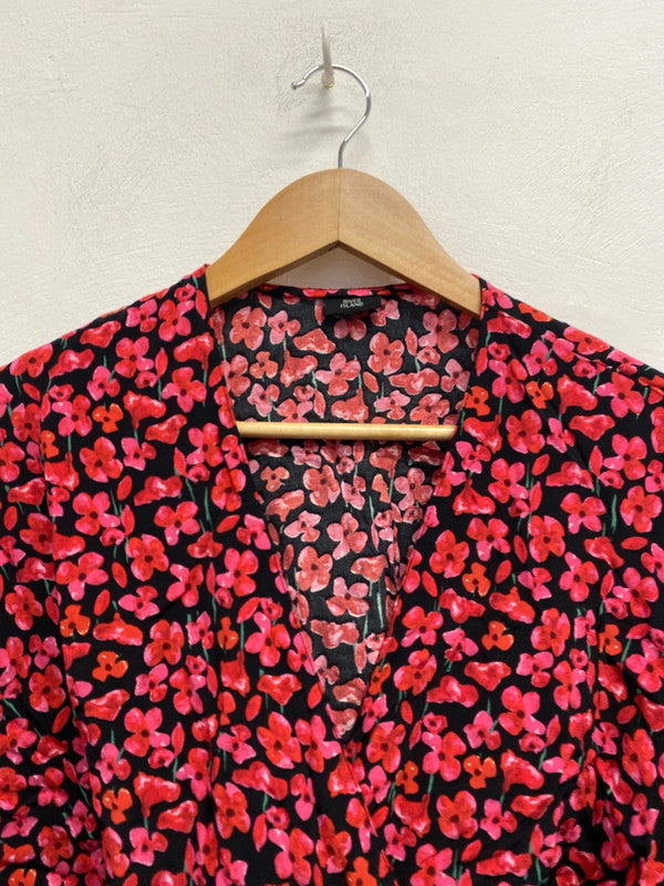 Fabulous river island black pink floral wrap blouse UK S KM004