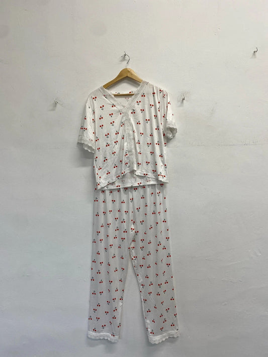 Lovely duo coord cherry pyjamas white Shien UK XL #42 LD003