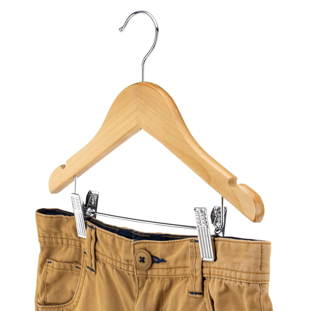 HANGERWORLD 12 Natural Wooden 30cm Childrens Baby Toddler Clothes Coat Hangers with Trouser Skirt Clips
