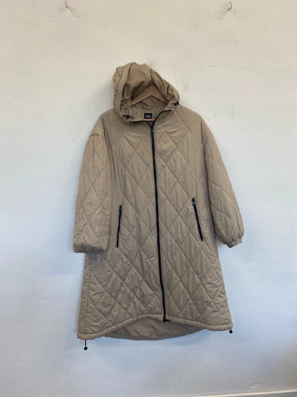 Zara Chic Sandy Beige Longline Oversize Puffer Coat Size S AO001