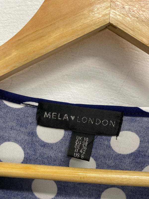 Lovely mela London navy polka dot mini dress with gold belt detail UK 10 JA002