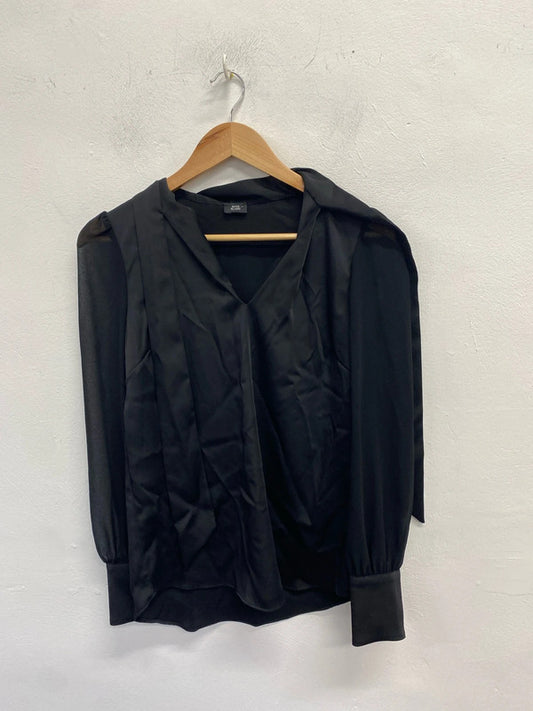 Stunning river island black satin blouse v neck UK S KM004