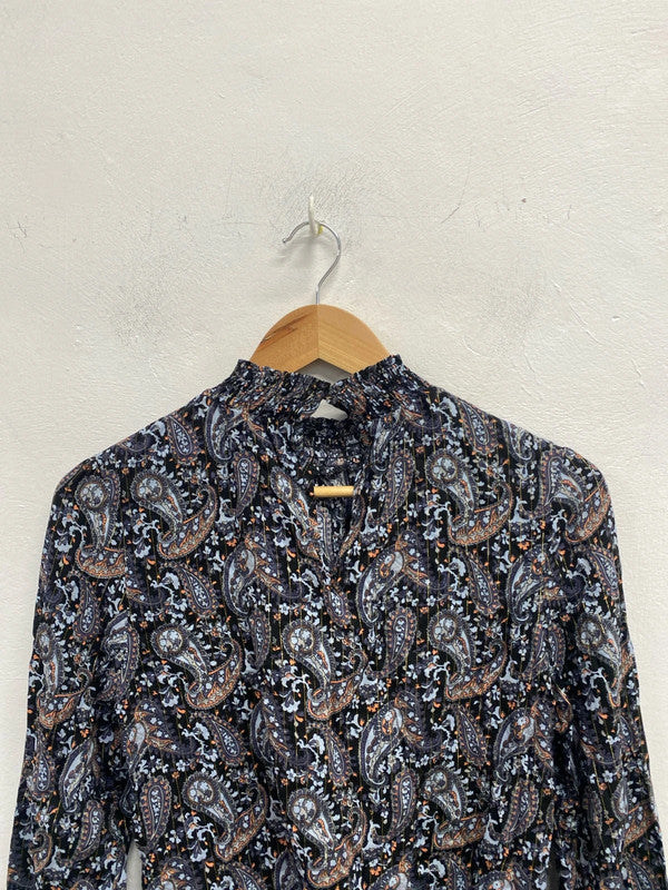 Lovely oasis navy swirl vintage look pattern long sleeve top UK S KM004