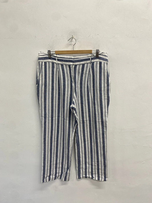 Lovely nutmeg linen stripe trousers blue white UK 16 JW002
