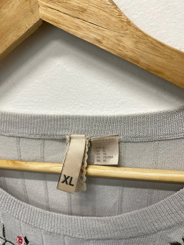 Fabulous Pale grey blue embroidered ribbed top Ukxl KM003