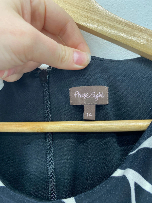 Phase Eight Elegant Black Botanical Pattern Asymmetric Midi Dress UK 14 KM005