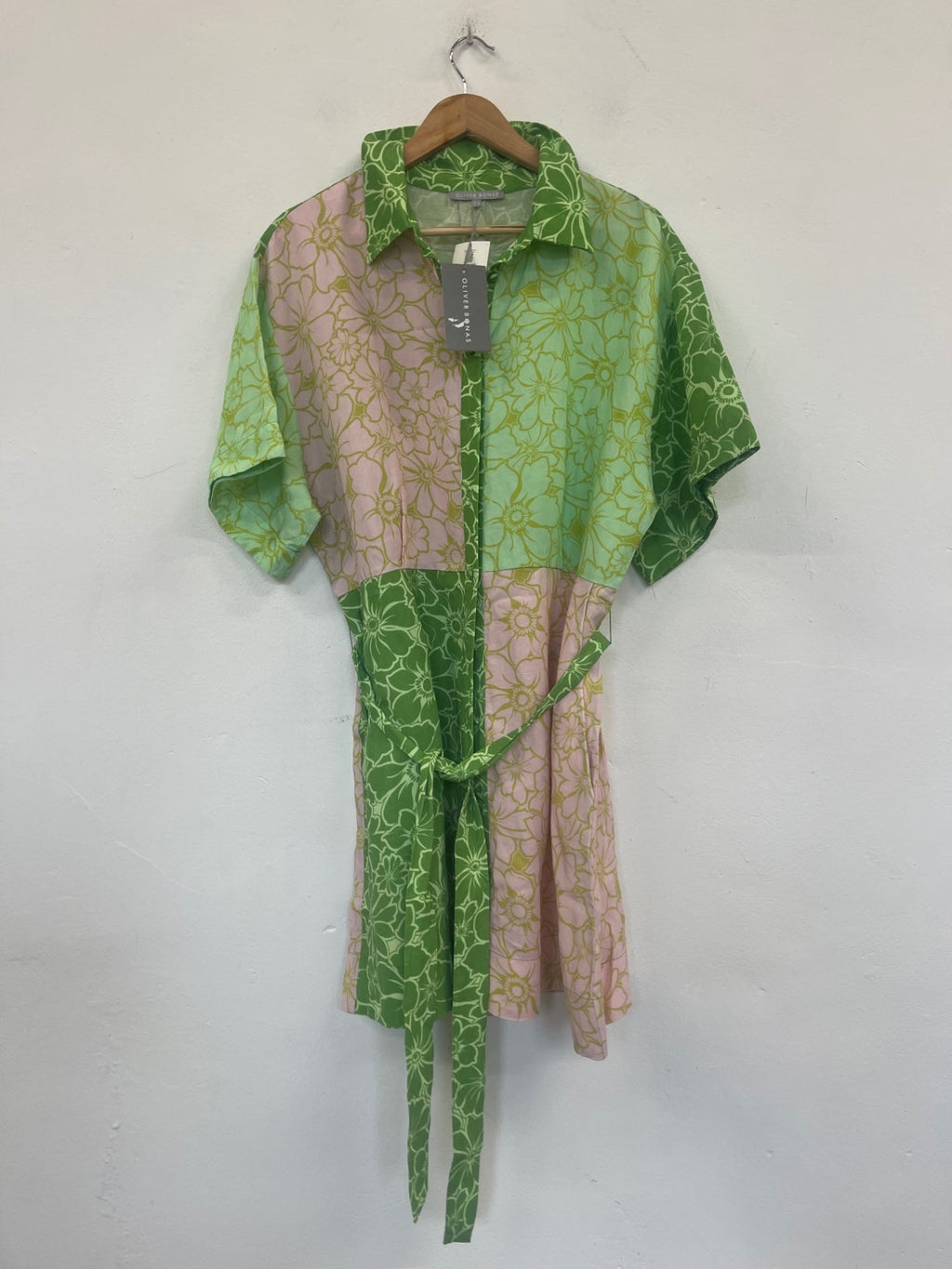 Stunning Oliver Bonas floral mini Dress Uk16 Pink&  Green DM561