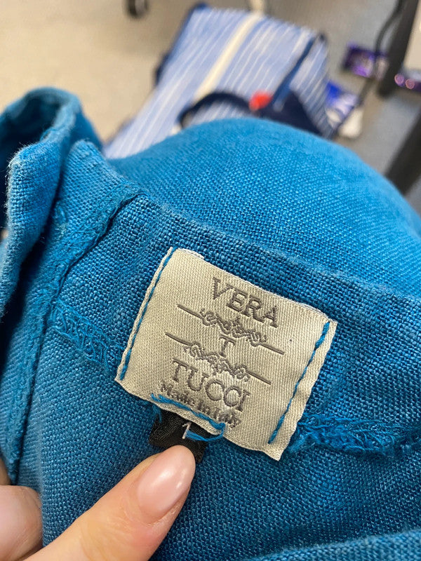 Lovely vera tucci teal linen dress button up back UK 12-14 LW005