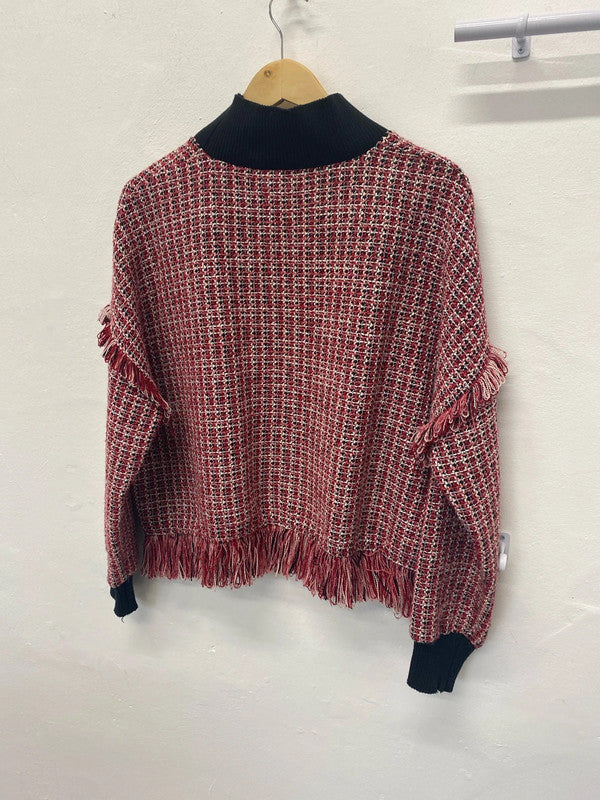 Fabulous Zara Boucle detail fringed high neck swing jumper UkM JB001