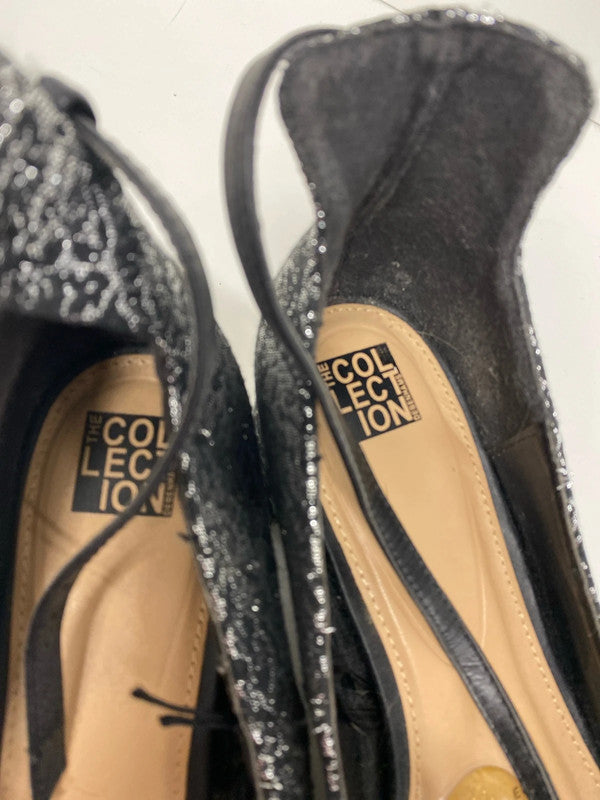 Fab black & Silver jacquard ankle strap occasion shoes Uk7 JW002