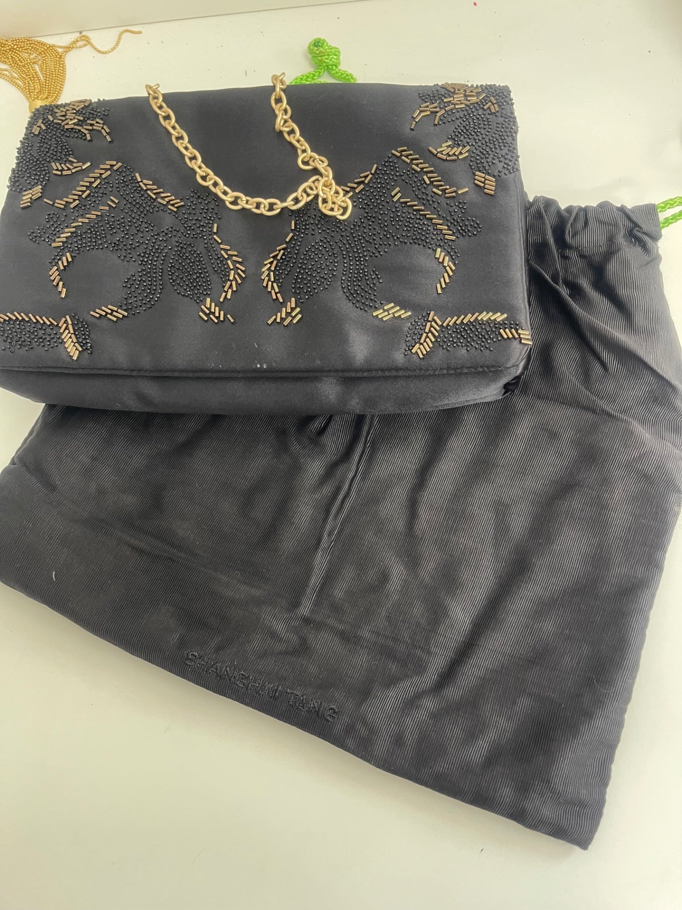 Stunning Shanghai Tang Handbag evening ornate Black & Gold Pure Silk FM547