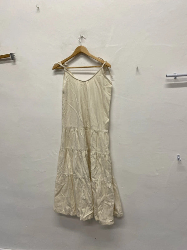 Fabulous cream lightweight denim Midaxi dress Uk12 tie straps KS002