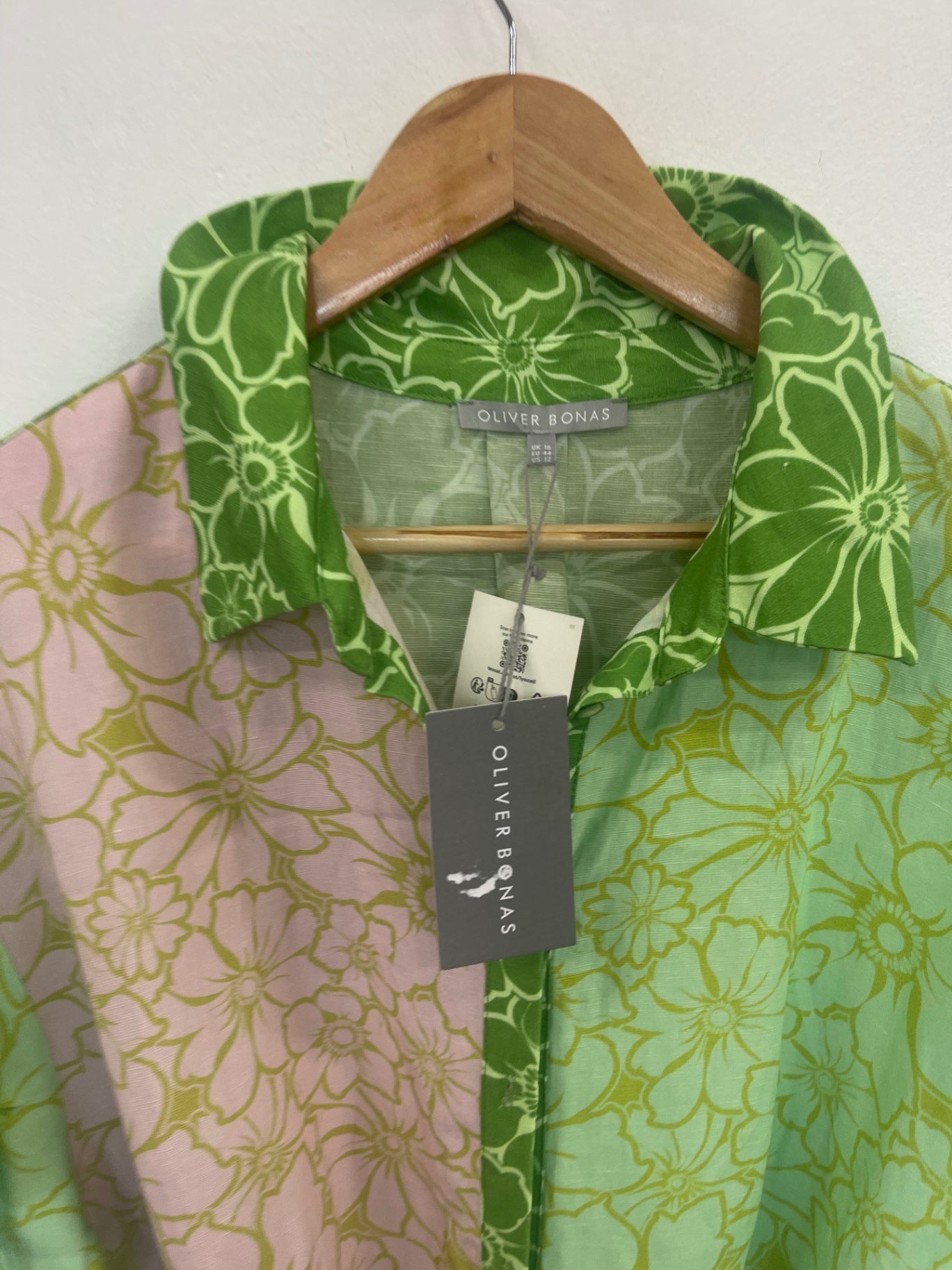 Stunning Oliver Bonas floral mini Dress Uk16 Pink&  Green DM561