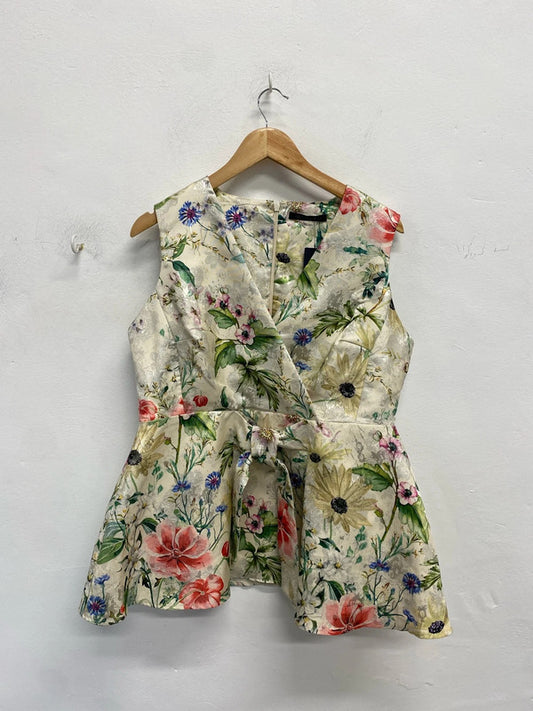 Lovely marks and Spencer peplum floral metallic thread top UK 16 JB005