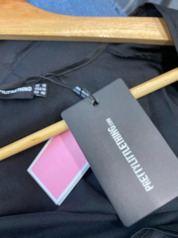 Fabulous Black PLT satin V neck dress Uk18 LG006