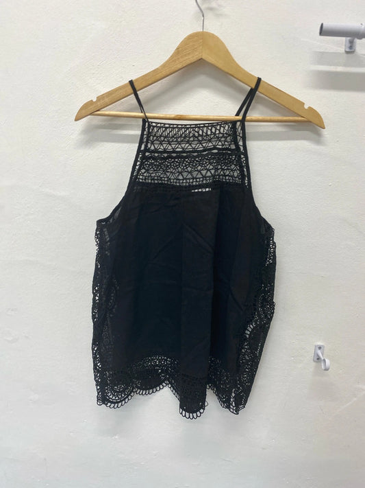 Fabulous Black broderie cotton boho top Uk M 12 NN001