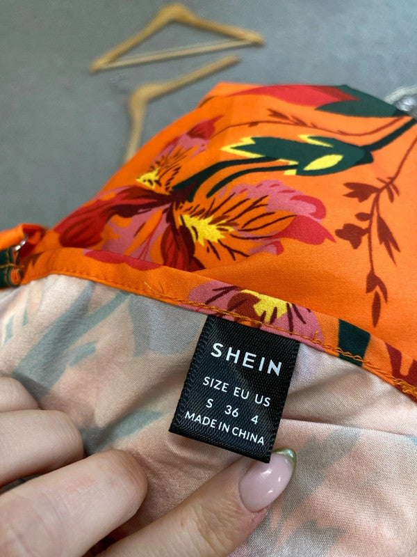 Stunning Shein orange yellow floral midi summers dress UK S LL003