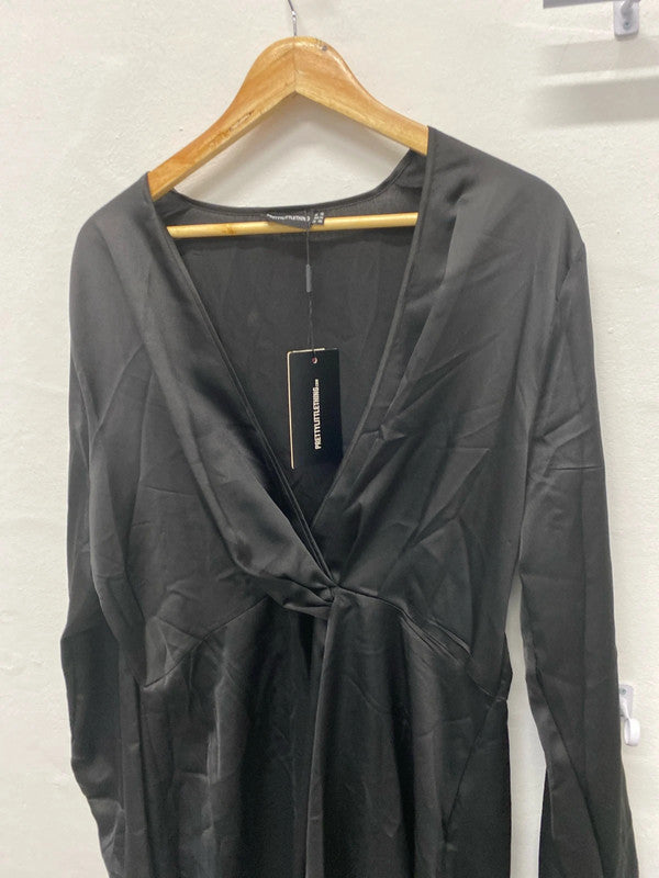Fabulous Black PLT satin V neck dress Uk18 LG006