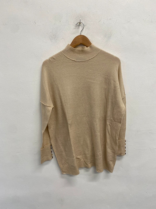 Lovely mint velvet beige high neck ribbed button sleeve jumper UK S AG006